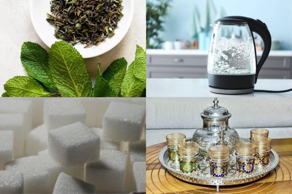 Collage of ingredients and tools needed to make Moroccan tea, including mint leaves, green tea, sugar cubes, a kettle, and traditional tea set.