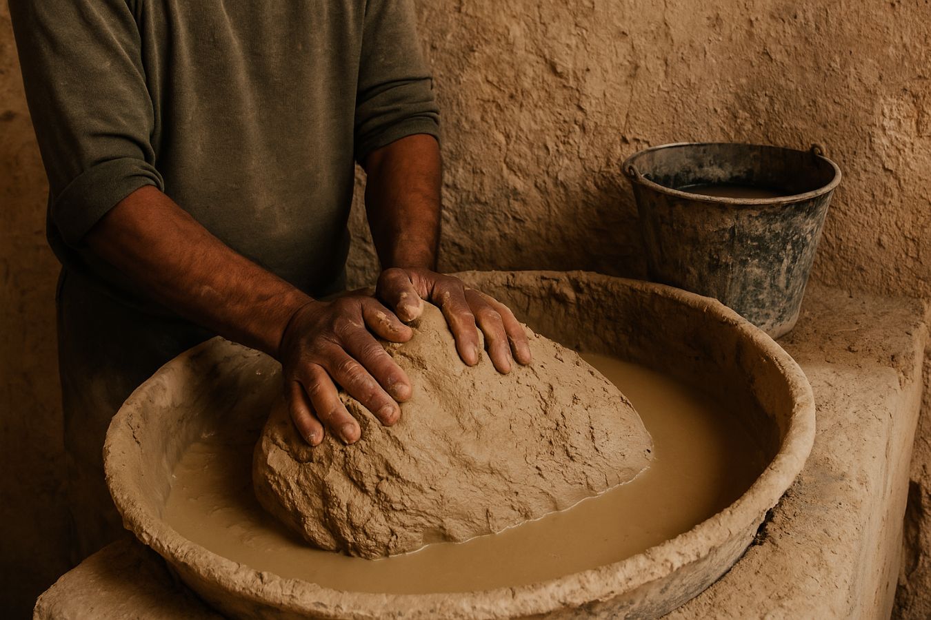 Artisan kneading raw clay in a traditional basin to prepare for zellige tilemaking.