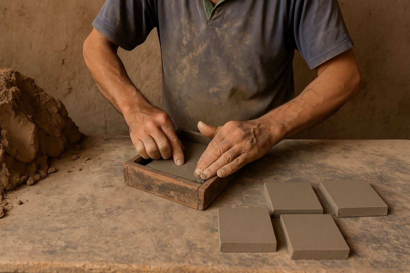 An artisan shapes raw clay into square tile molds by hand during the zellige production process.
