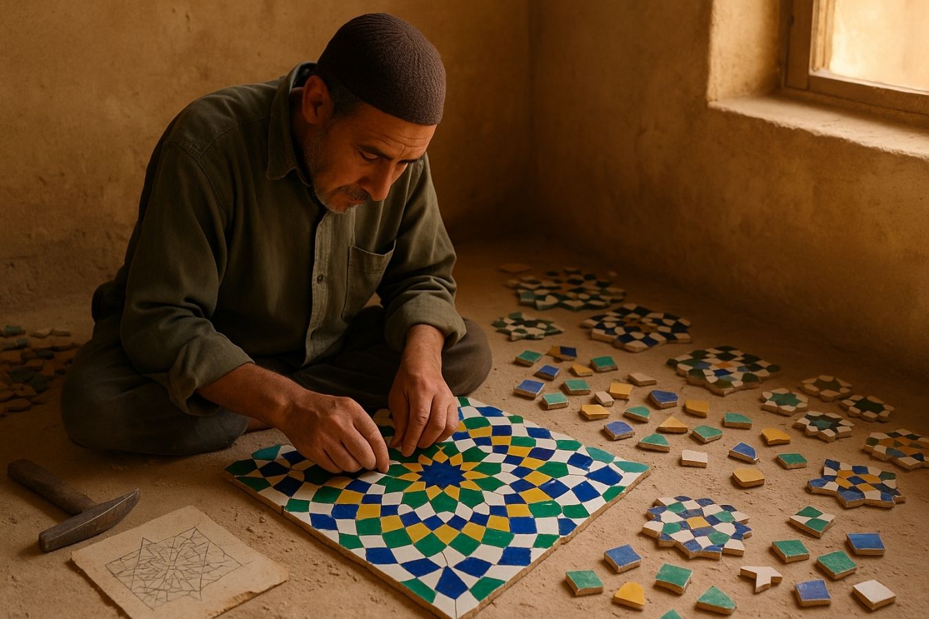 Moroccan artisan assembling colorful zellige tile pieces on a geometric pattern layout during traditional tile-making process.