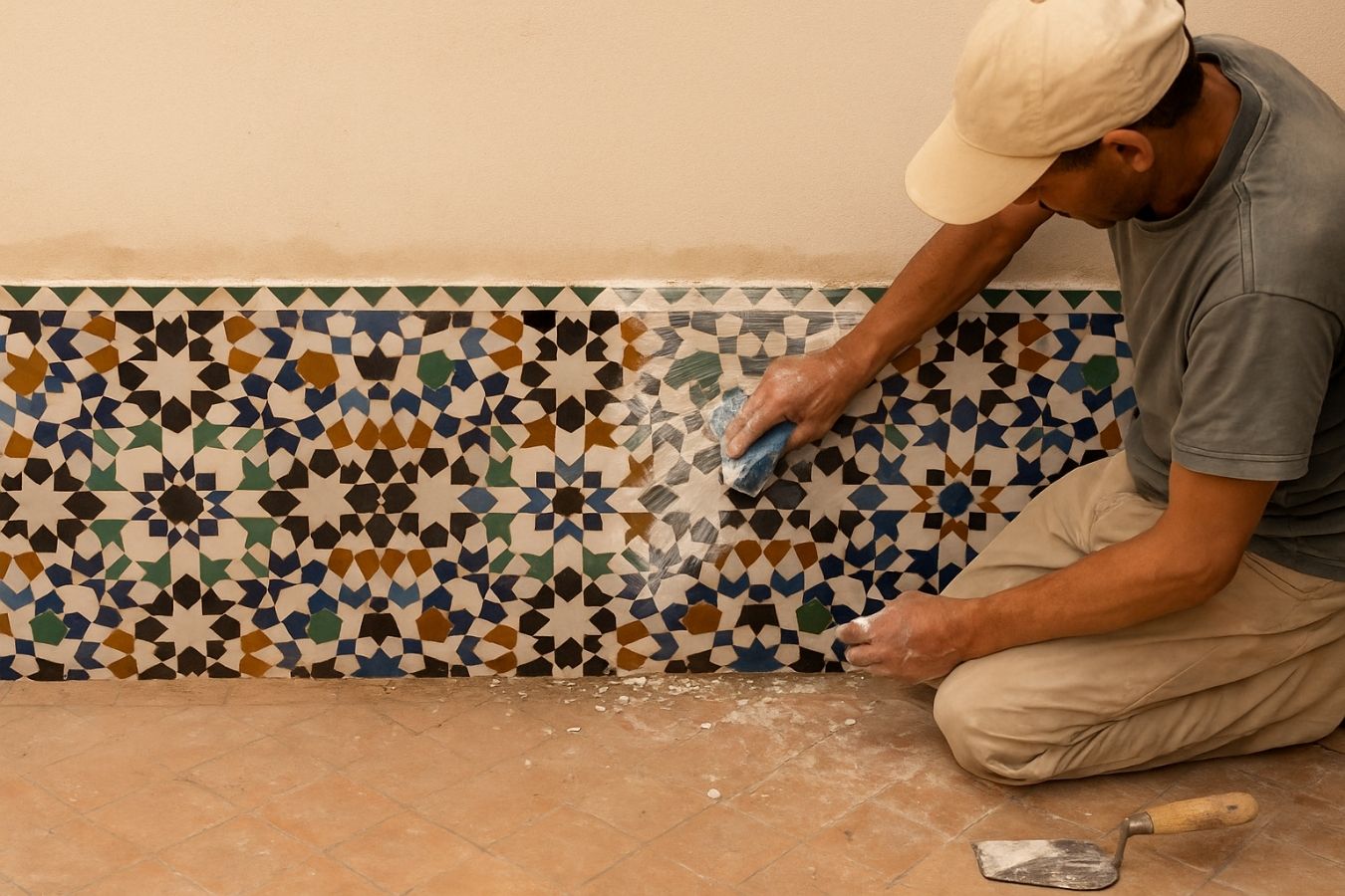 Artisan polishing a traditional Moroccan zellige mosaic after installation, finalizing the intricate tilework pattern.